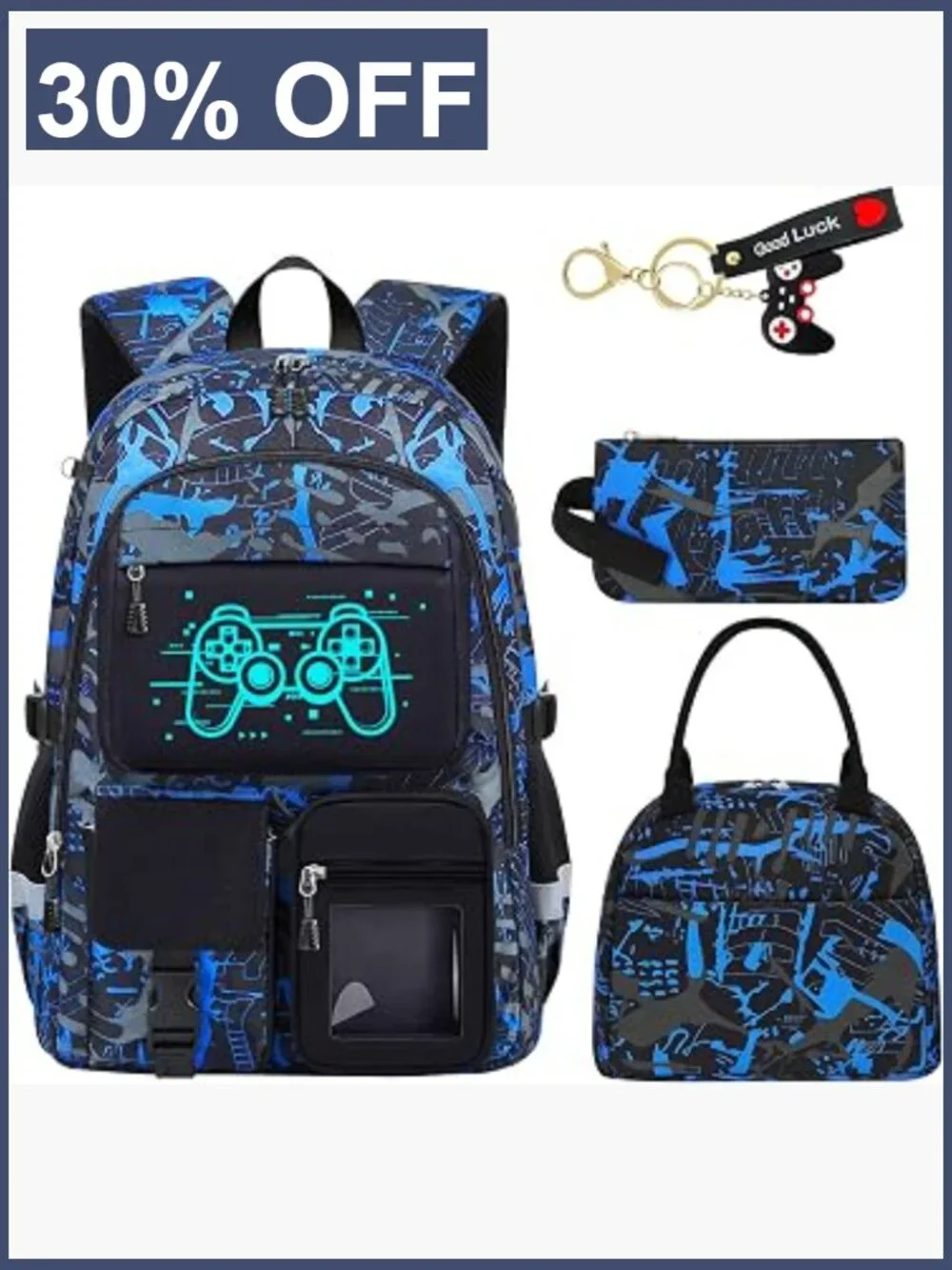 4 Piece Gamer Boys Backpack Set with Lunch Box & Pencil Case Large 18 inch